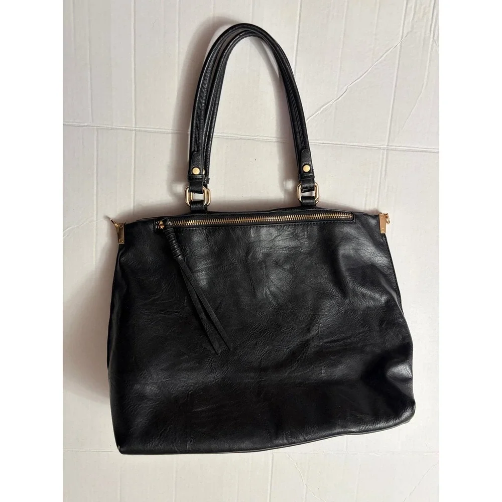 Black Faux Leather Tote Bag Gold‎ Hardware Zippered Shoulder Bag Work Travel